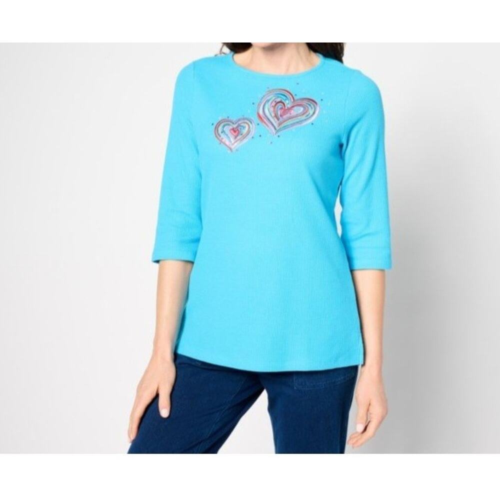 Quacker Factory Size M Turquoise Waffle Knit Top … - image 1